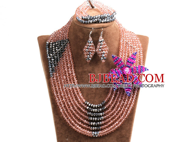 Chic Style Multi Layer Pink & Silver Crystal Beads African Wedding Jewelry Set With Statement Crystal Flower (Necklace, Bracelet & Earrings)