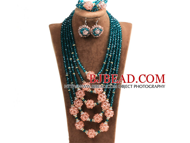 Fabulous Multi Layer Pink Crystal Ball  Lake Green Crystal Beads Costume Jewelry Set (Necklace, Bracelet & Earrings)