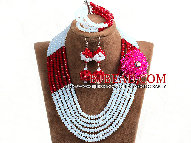 Fashion Multi Layer White & Red Crystal Beads African Wedding Jewelry Set with Statement Crystal Flower (Necklace, Bracelet & Earrings)