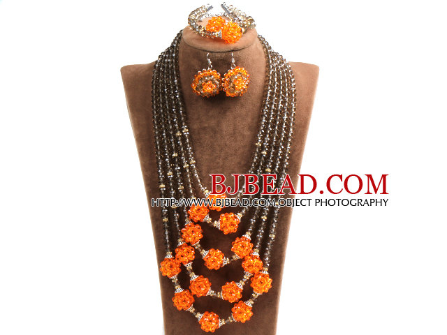 Fabulous Multi Layer Orange Crystal Ball  Dark Brown Crystal Beads Costume Jewelry Set (Necklace, Bracelet & Earrings)