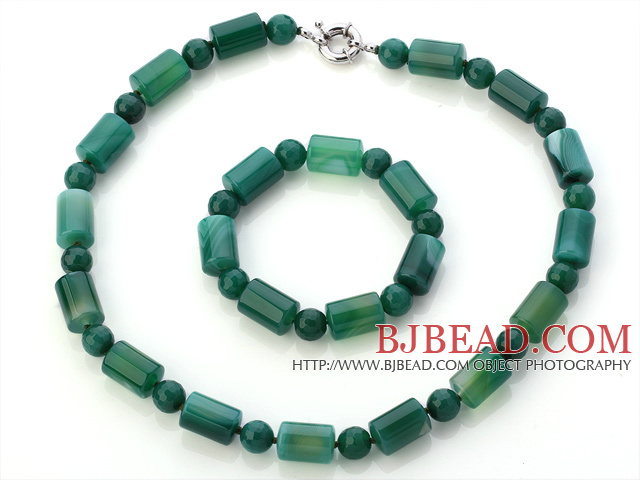 Pretty Round And Cylinder Shape Green Agate Beaded Jewelry Sets (Necklace With Matched Bracelet)