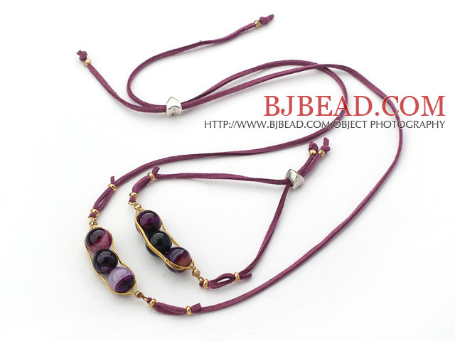 Purple Series Wire Wrapped Purple Agate Pea Pendant Set with Purple Leather ( Necklace and Matched Bracelet)