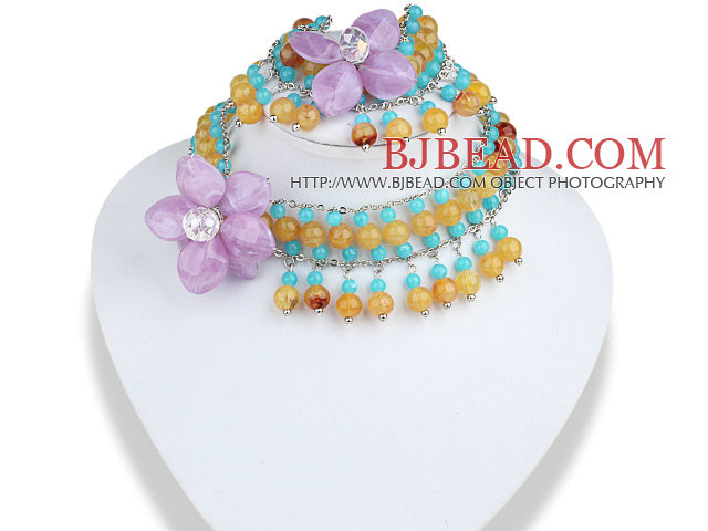 Blue and Yellow Acrylic and Purple Acrylic Flower Set ( Neckalce and Matched Bracelet )