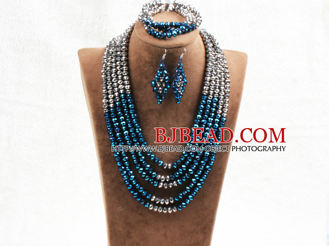 Marvelous 5 Layers Blue Gray Crystal Beads African Wedding Jewelry Set (Necklace With Mathced Bracelet And Earrings)