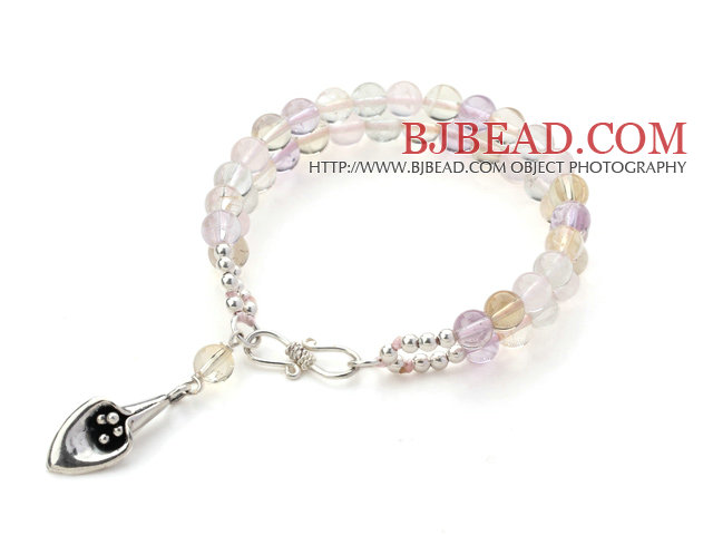 Two Strands Rose Quartz and Citrine and Amethyst Bracelet with Silver Leaf Accessory S Shape Clasp