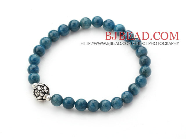 Singe Strand Kyanite Beaded Stretch Bangle Bracelet with Silver Lotus Seedpod Accessory