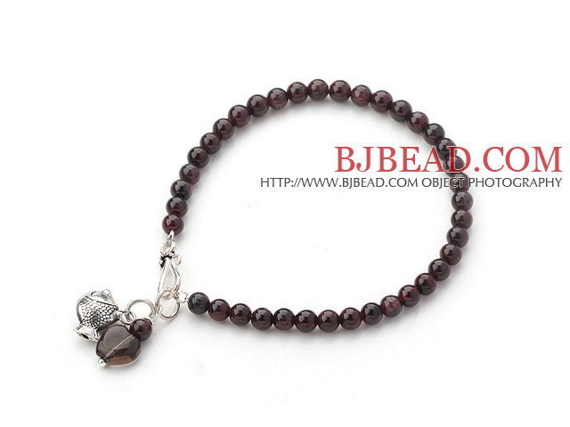 Natural Round Garnet and Smoky Quartz Bracelet with Silver Accessories