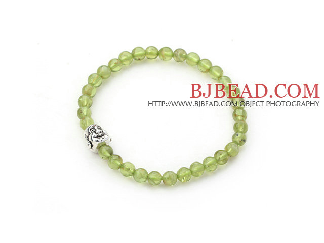 Natural Olivine and Tibet Silver Buddha's Head Stretch Bangle Bracelet