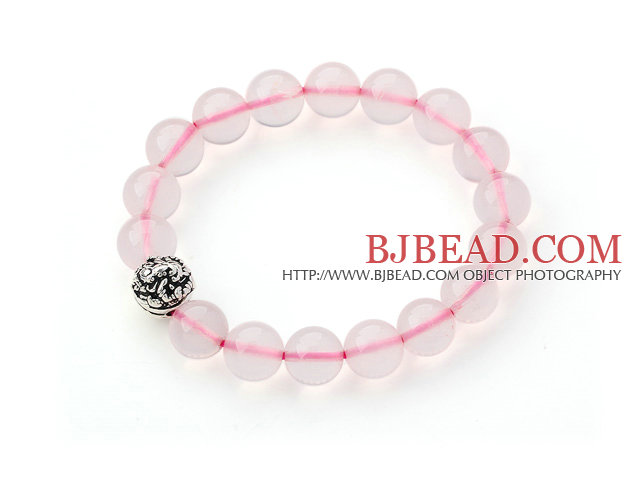 10mm A Class Madagascar Rose Quartz Beaded Stretch Bangle Bracelet with Silver Ball Accessory