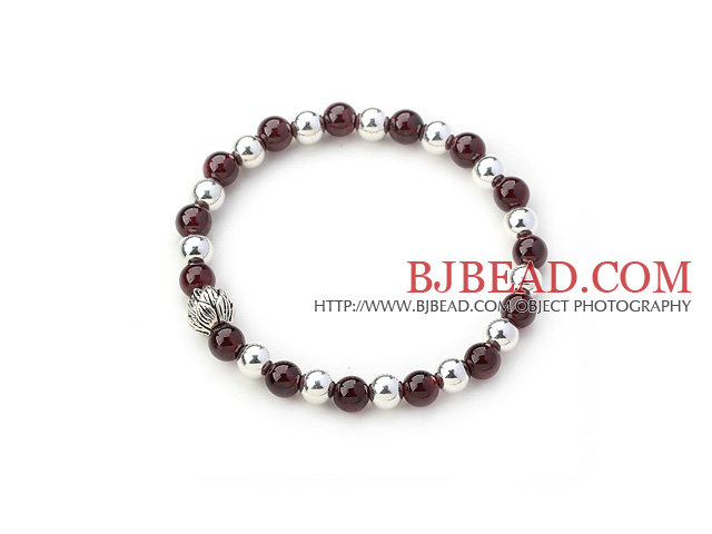 Round Garnet and Silver Beads Stretch Bangle Bracelet with Silver Lotus Accessory