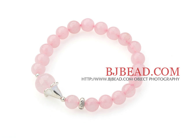 8mm Round Rose Quartz Stretch Bangle Bracelet with Silver Flower Accessory
