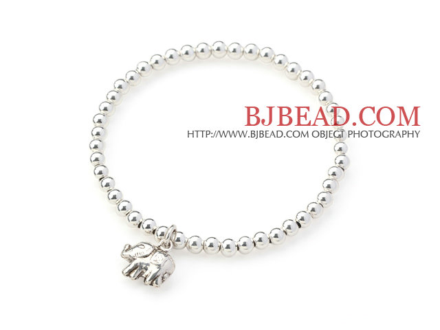Sterling Silver Beaded Stretch Bangle Bracelet with Silver Elephant Accessory