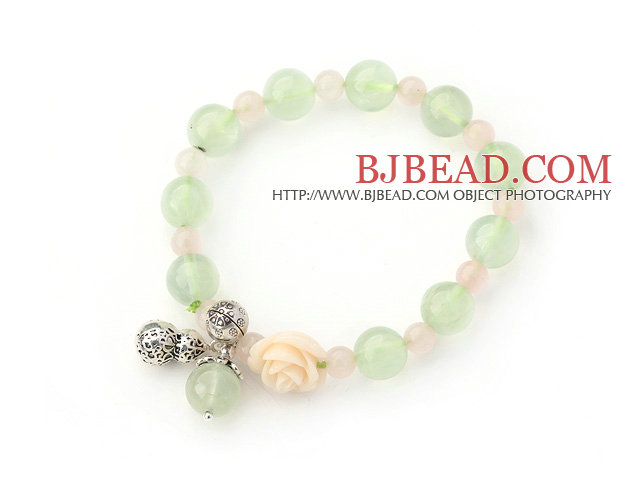 Assorted Rose Quartz and Prehnite Stretch Bangle Bracelet with Sterling Silver Accessory