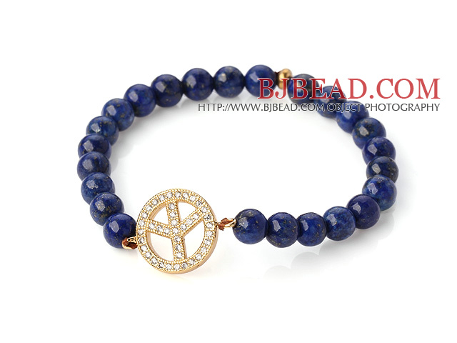 Fashion Round Lapis Stone Beaded Stretch Bangle Bracelet With Gold Plated And Inlayed Zircon Circular Ring