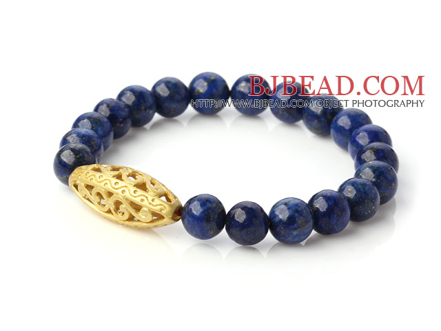 Fashion 8mm Round Lapis Stone Beaded Stretch Bangle Bracelet With Hollow Golden Ball