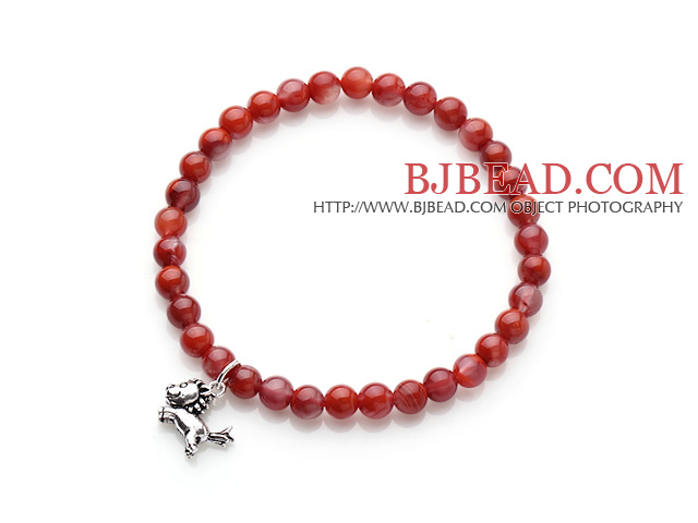 Gorgeous Simple Design Fashion Red Agate Beads Elastic Bracelet With 925 Sterling Silver Cute Horse Charm