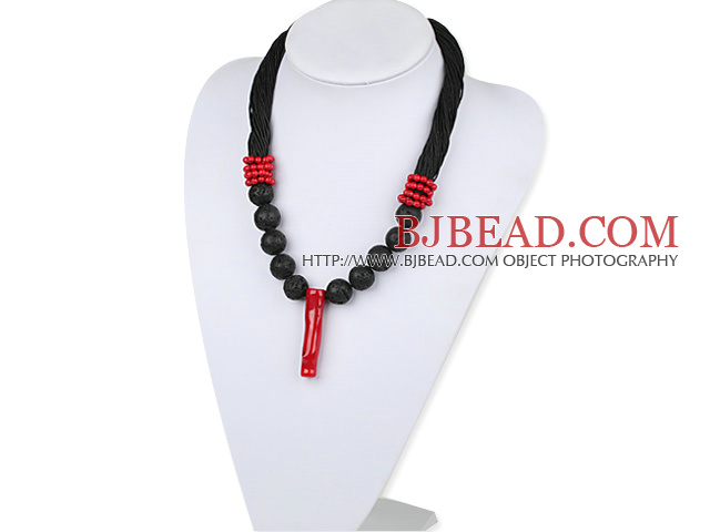 Bold Style New Design Branch Shape Red Coral and Volcanic Rocks Beads Necklace