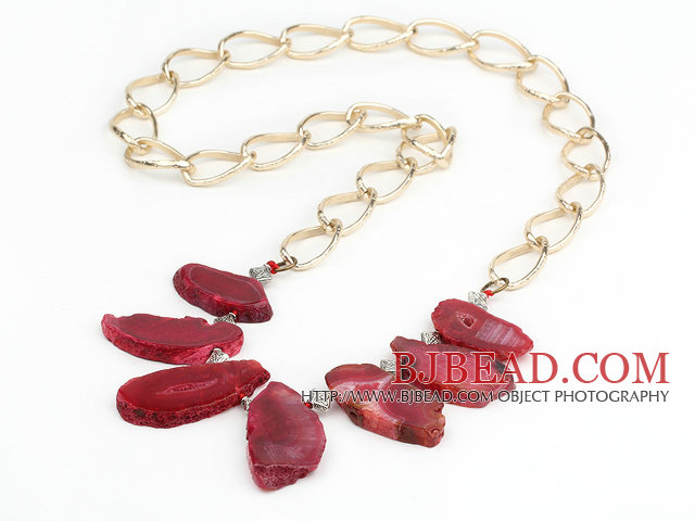 Faceted Crystallized Red Agate Necklace with Bold Metal Loop Chain ( The Stone May Not Complete)