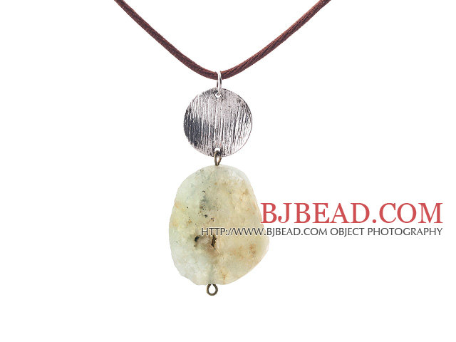 Simple Design Grinding Prehnite Stone and Round Tibet Silver Pendant Necklace with Brown Cord