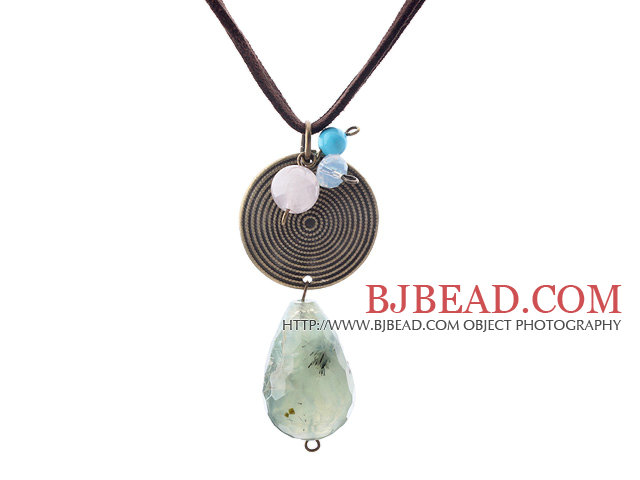 Simple Design Faceted Drop Shape Prehnite Stone and Round Tibet Silver Pendant Necklace with Black Cord