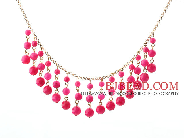 New Design Hot Pink Candy Jade Tassel Necklace with Metal Chain