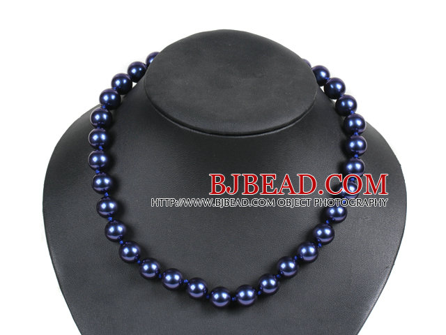 Simple Pretty Deep Blue Round Seashell Beads Choker Necklace With Rhinestone Clasp