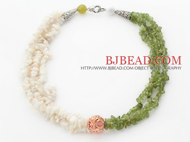 White and Olive Green Series Multi Strands White Shell and Olive Chips Necklace