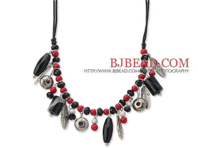 Assorted Black Agate and Red Coral Charm Necklace with Black Thread