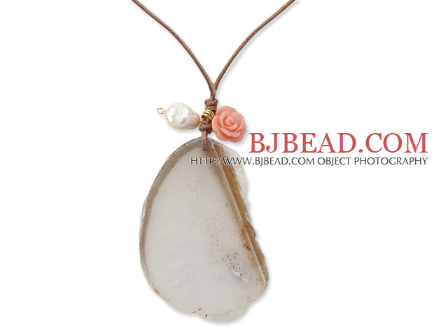 Simple Style Natural White Agate Slice Pendant Necklace with Brown Leather