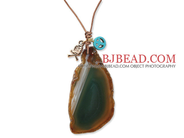 Simple Style Natural Green Agate Slice Pendant Necklace with Brown Leather