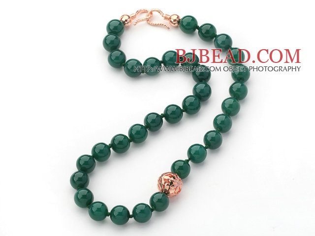 12mm Round Dark Green Agate Beaded Knotted Necklace with Golden Rose Color Metal Ball