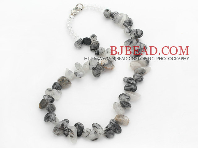 Black Gray Series Irregular Shape Top Drilled Black Rutilated Quartz and Clear Crystal Necklace