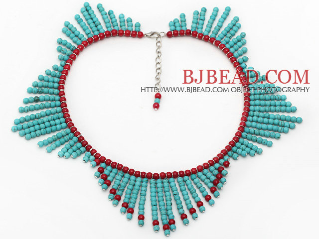 Round Green Turquoise and Red Coral Tassel Necklace with Extendable Chain