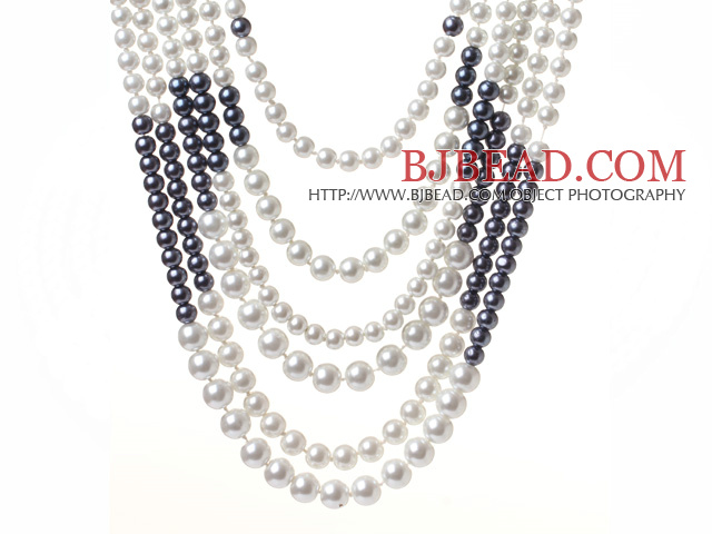 Fashion Multi Strands Mixed Size Round White And Black Glass Pearls Knotted Necklace With Magnetic Clasp