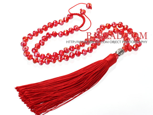 Lovely 8mm Manmade Red Crystal Strand Necklace With Red Threaded Tassel Pendant