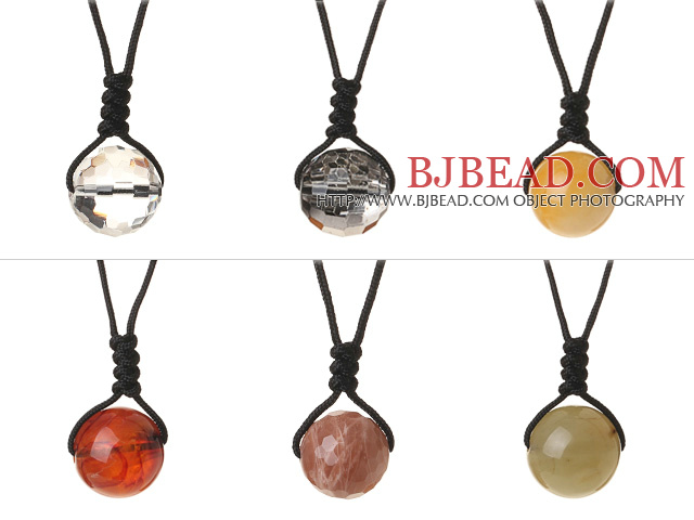 6 Pcs Simple Summer Design Multi Stone Round Beads Pendant Necklace with Adjustable Hand-Knitted Thread (Random Color)