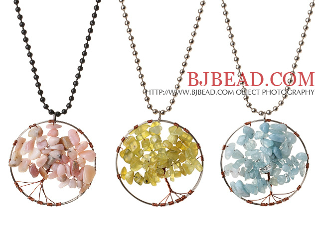 3 Pcs Fashion Wired Crochet Multi Stone Chips Wishing Tree Pendant Necklace With Alloyed Chain