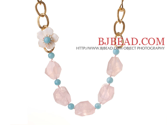 Beautiful Irregular Shape Rose Quartz Cyanite Beads White Pearl Shell Flower Party Necklace