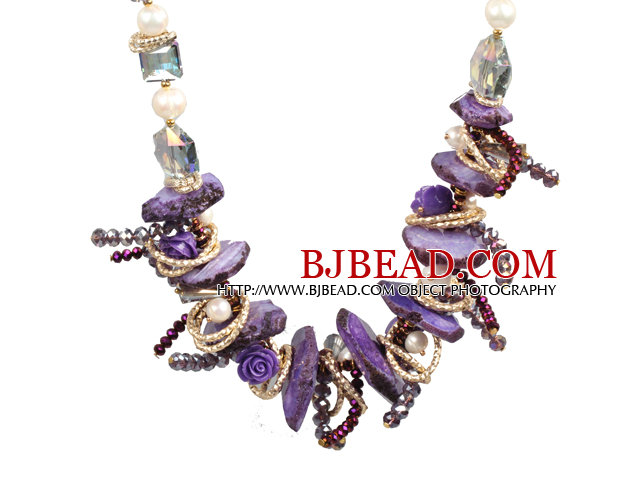 Speical Design Beautiful Purple Series Natural Freshwater Pearl Crystal Crystallized Agate Chunky Necklace