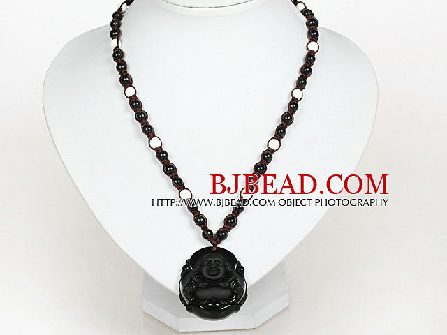 Obsidian Beads and White Porcelain Stone Necklace with Laugh Baddha Pendant
