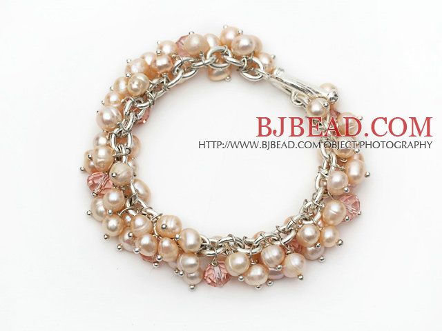 Fashion Style Natural Pink Freshwater Pearl and Pink Crystal Bracelet with Metal Chain