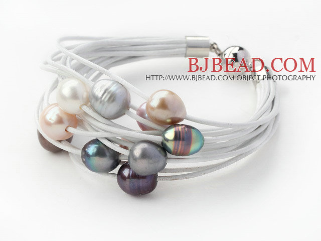 Multi Strands 11-12mm Multi Color Freshwater Pearl White Leather Bracelet with Magnetic Clasp
