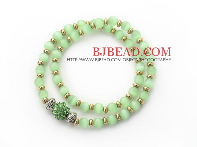 Double Rows Apple Green Cats Eye and Golden Color Beads Stretch Bangle Bracelet with Green Rhinestone Ball