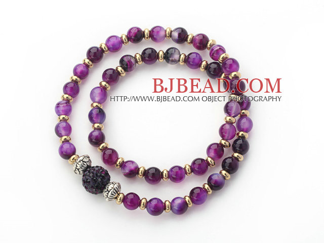 Double Rows Purple Agate and Golden Color Beads Stretch Bangle Bracelet with Dark Purple Rhinestone Ball