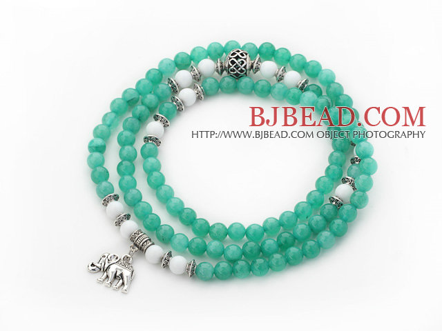 Lake Green Color Candy Jade 4 Wrap Stretch Bangle Bracelet with White Porcelain Stone and Elephant Accessories