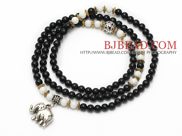 Black Color Candy Jade 4 Wrap Stretch Bangle Bracelet with White Porcelain Stone and Elephant Accessories