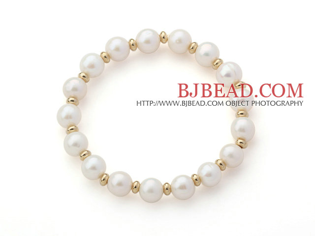 A Grade White Freshwater Pearl and Yellow Color Metal Beads Stretch Beaded Bangle Bracelet