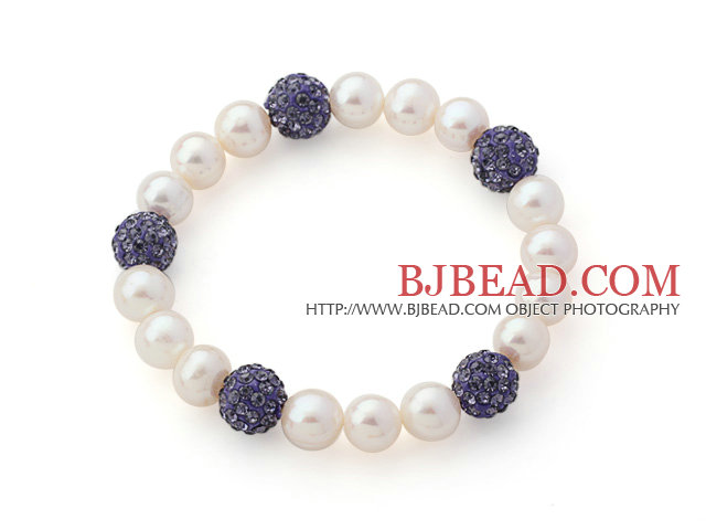 A Grade Round White Freshwater Pearl and Purple Color Rhinestone Ball Stretch Beaded Bangle Bracelet