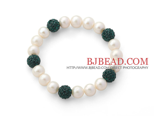 A Grade Round White Freshwater Pearl and Peacock Green Color Rhinestone Ball Stretch Beaded Bangle Bracelet