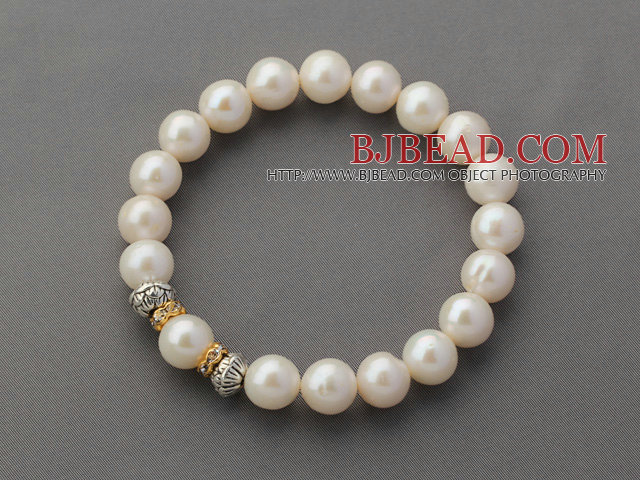 A Grade 9.5mm Round White Freshwater Pearl and Yellow Rhinestone Accessories Stretch Beaded Bangle Bracelet